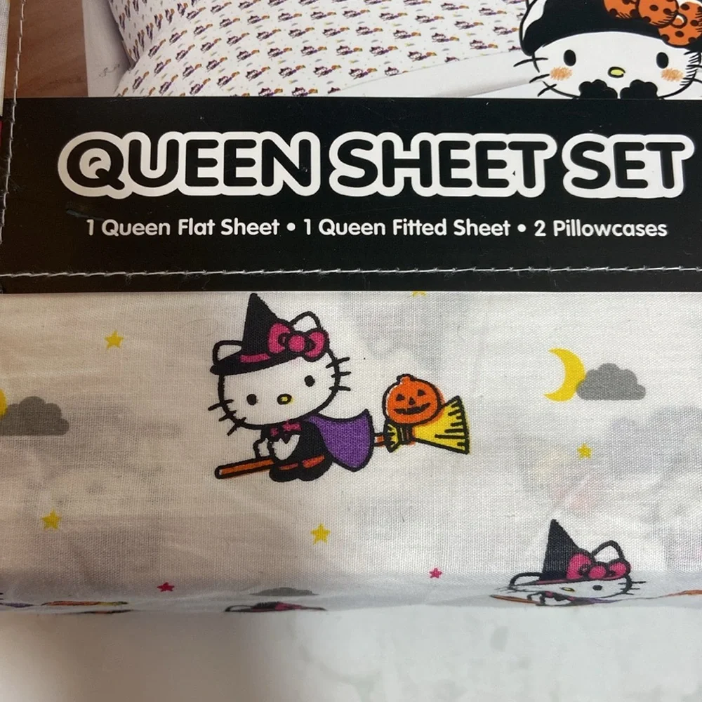 Hello Kitty Halloween Queen Sheet Set Witch 100% Cotton NWT Sanrio Bedding Witch